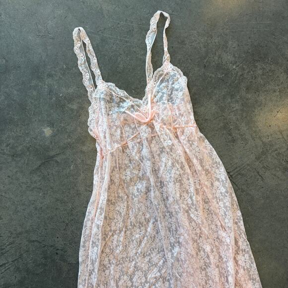 Vintage Y2k 80's Baby Pink Full Lace Sheer Cami Tank Top Maxi Night Gown Dress S - Picture 3 of 7